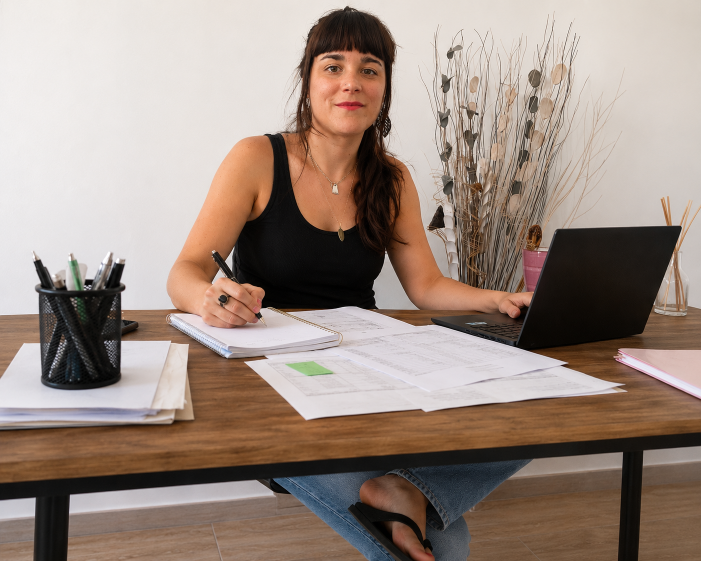Sara Martínez trabajando en su escritorio